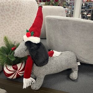 Christmas Dachshund Dog in Santa hat & Scarf Herringbone Plush Pillow NWT